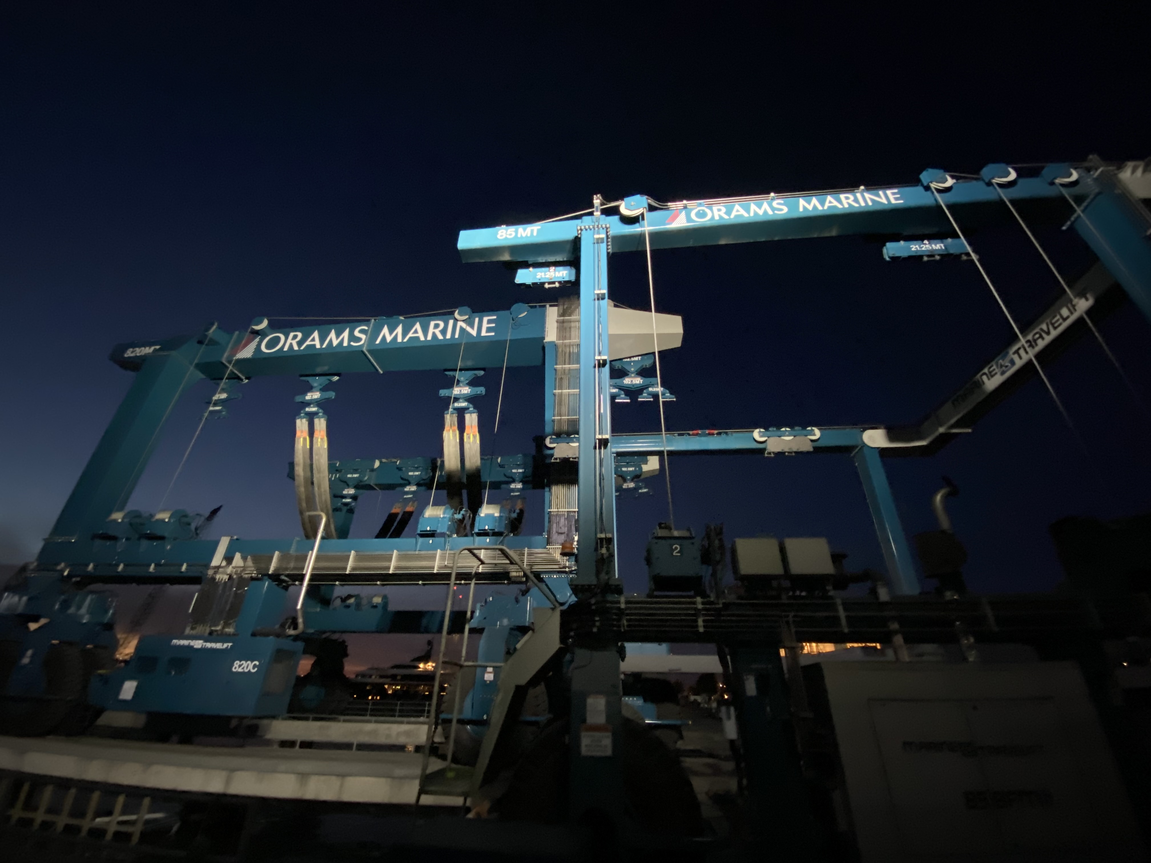 Orams Marine's 820 Tonne And 85 Tonne Marine Travel Lifts By Night